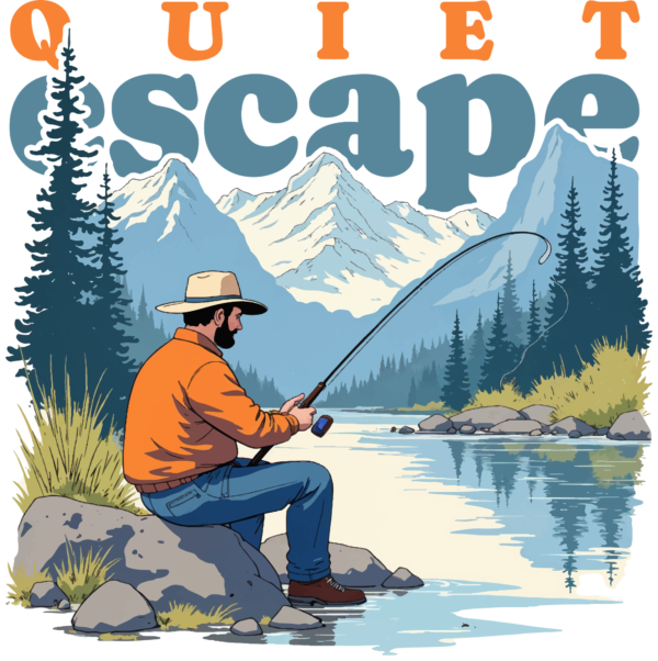 A man sitting on the rocks fishing fish with a great view of the mountains design