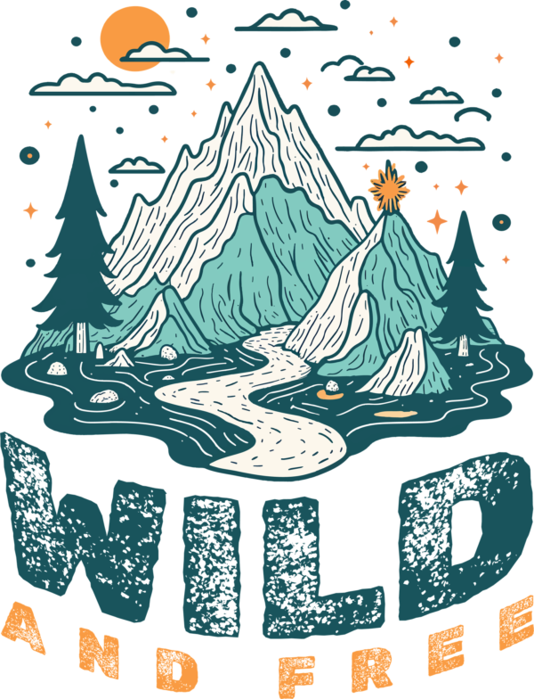 A mountain with a river in the middle and a worn out phrase design