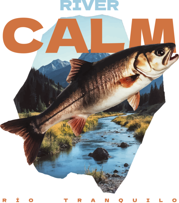 A realistic background of a lake with mountains and a fish jumping decorated with a phrase design