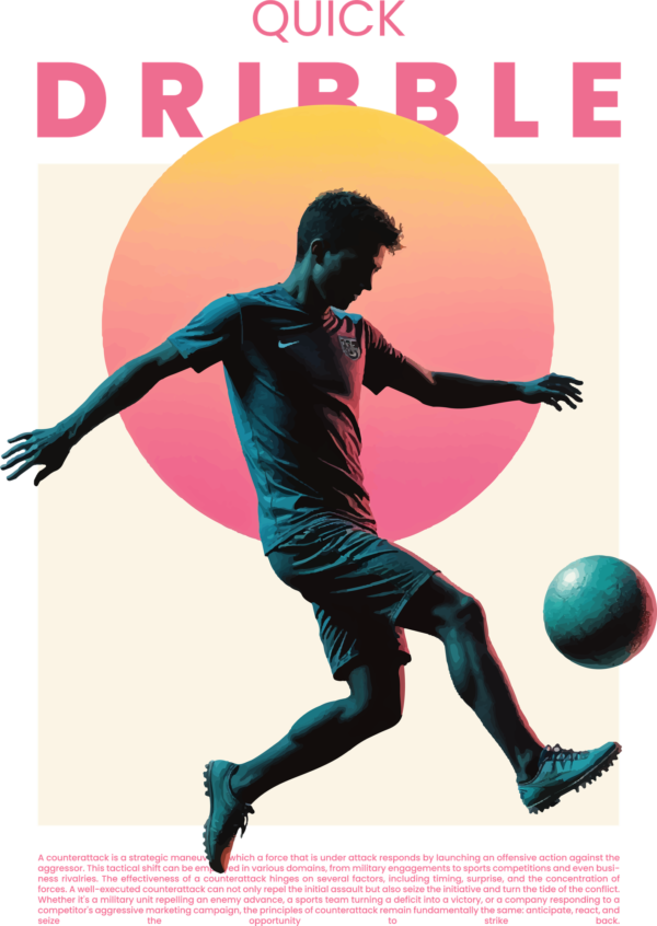 A soccer player in chrome style with a gradient background plus a phrase design