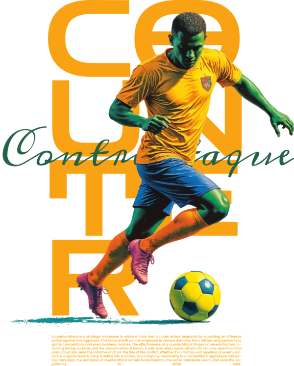 A soccer player with a phrase split by letters on a yellow background design