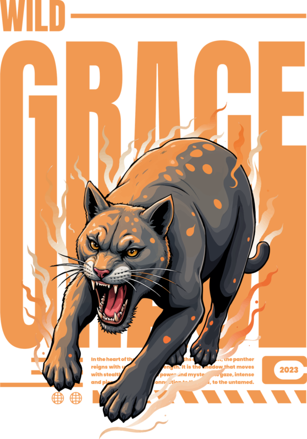Aggressive panther in gray tones with phrase and decorative elements in orange design