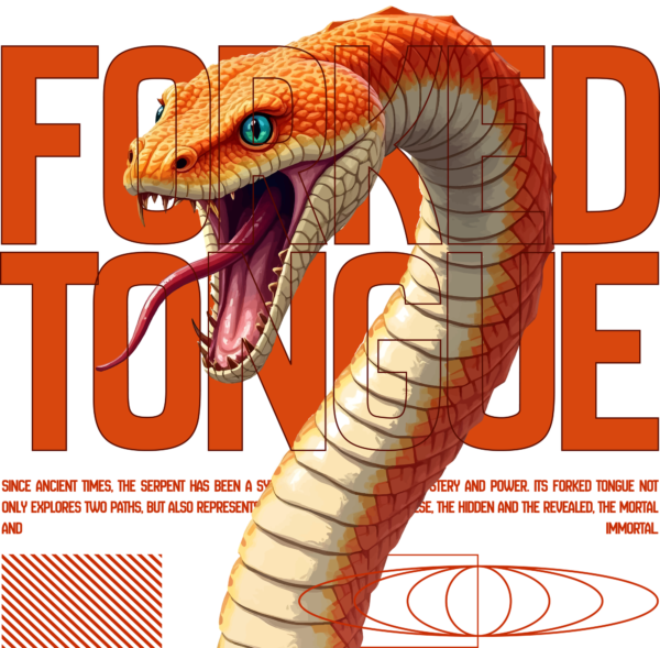 Aggressive snake in orange tone overlayed on a text phrase design
