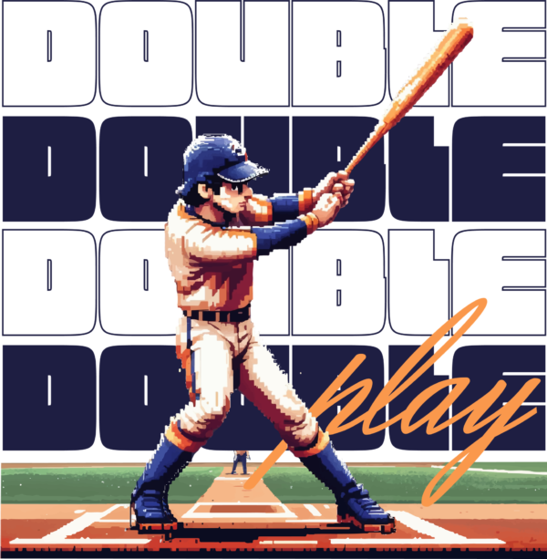 Baseball player designed in pixels on a background with a related phrase design
