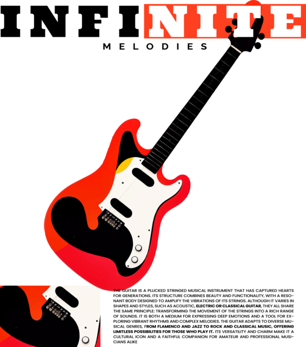 Electric guitar in red and black tones with a music phrase design