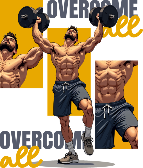 Illustration of a muscular man with a background containing fragments of the illustration design