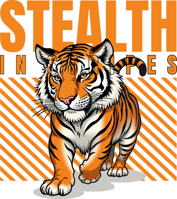 Illustration of a tiger on a background of lines and a related phrase in orange design