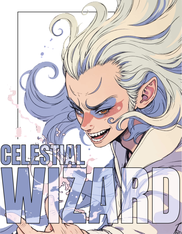 Illustration of a wizard in anime style accompanied by a phrase design