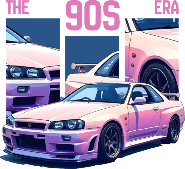 Pink japanese car with background with visual fragments design