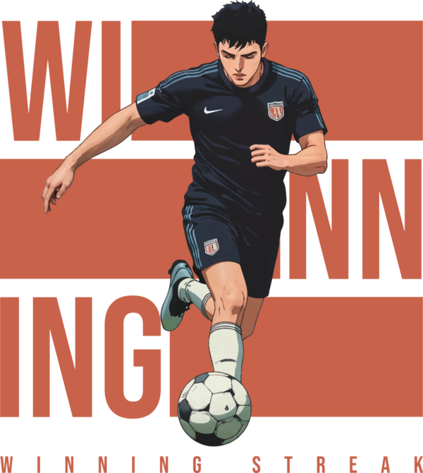 Soccer player in anime style with a phrase that transforms into their orange background design