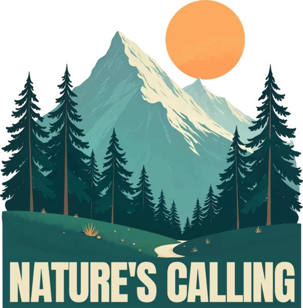 Some pines with a mountain in the background with a sun in the background design