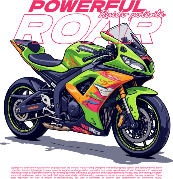 Sports motorcycle in green and magenta tones with a phrase design