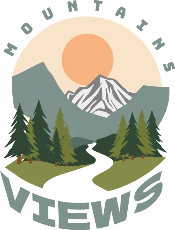 Trees with a river in the middle with a mountain in the background decorated with a phrase in a circular effect design