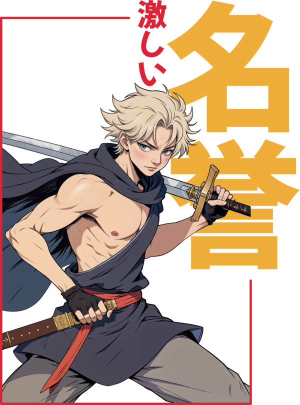 Warrior carrying a sword inside a frame with a japanese phrase design