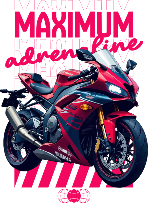 A sports motorcycle in magenta tones with a background of lines and a speed phrase design