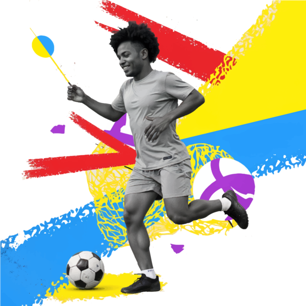 boy on a colorful background with a soccer player design