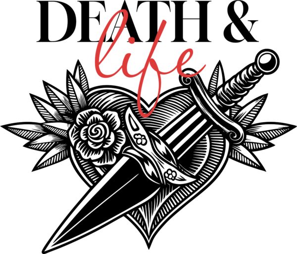 A black heart in tattoo illustration style with a dagger in the middle design