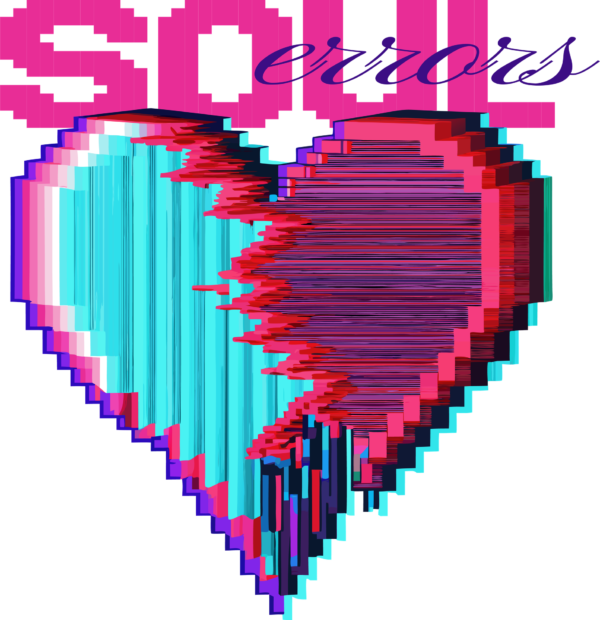 A broken heart in pixel and glitch style decorated with a phrase design