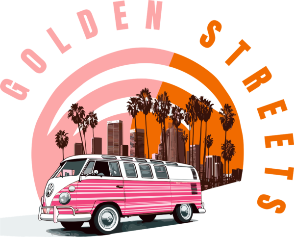 A car in a background with a city and palms in a circular background design