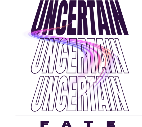 A design with a phrase that repeats vertically and a streak of lights intersects design