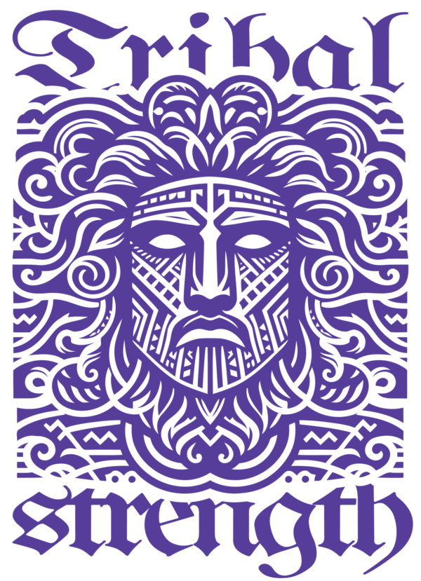 A face in tribal illustration style with purple tone design