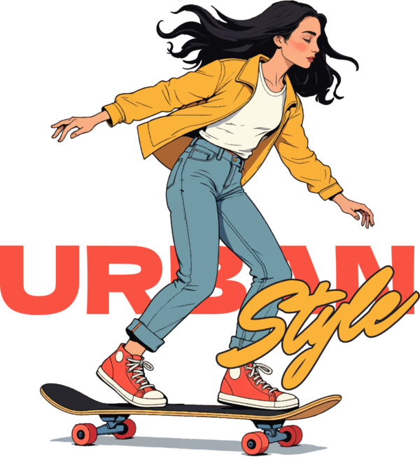 A girl calmly riding her skateboard interwoven with a phrase design