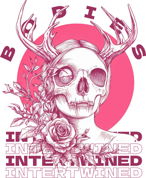 A girl with a skull on her face horns and a related phrase design