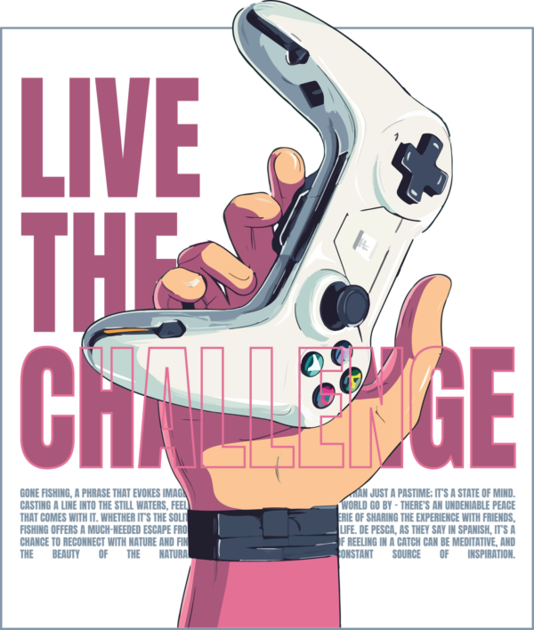 A hand holding a video game controller inside a black frame design