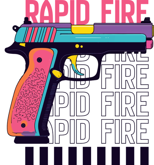 A illustration of a gun in a colorful style superimposed on a phrase in vertical loop design