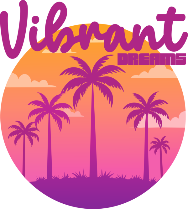 A landscape with a sky and palm trees in orange and purple tones design