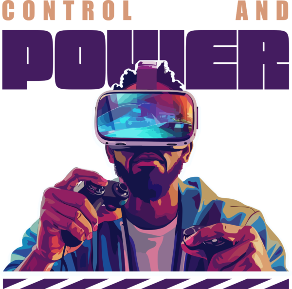 A man with vr glasses with controllers in his hands decorated with a phrase design