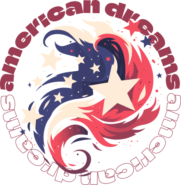 A patriotic phrase in circular effect with abstract elements in the center design