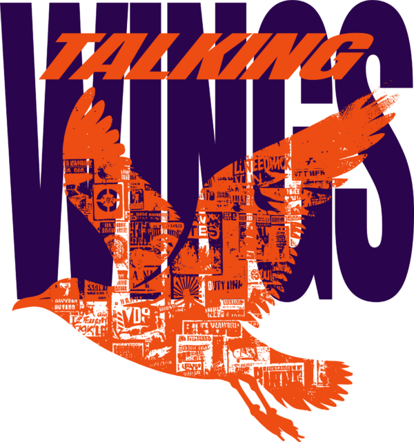 A silhouette of a bird filled with posters over a background of letters design