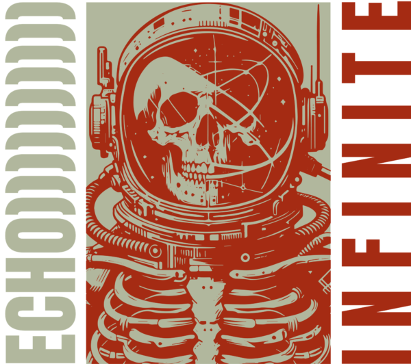 A skeleton astronaut in orange tone on a green background in the center of a phrase design