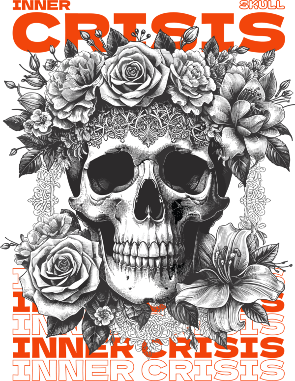 A skull surrounded by flowers in black and white illustration style design