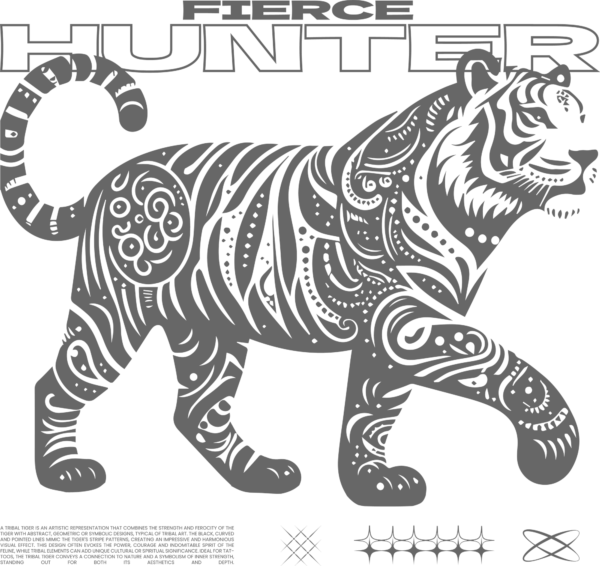 A tiger in black and white decorated with a text phrase design