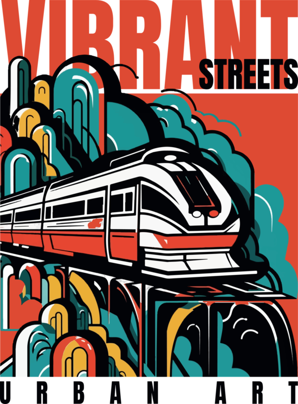 A train on an abstract and urban background decorated with a phrase design