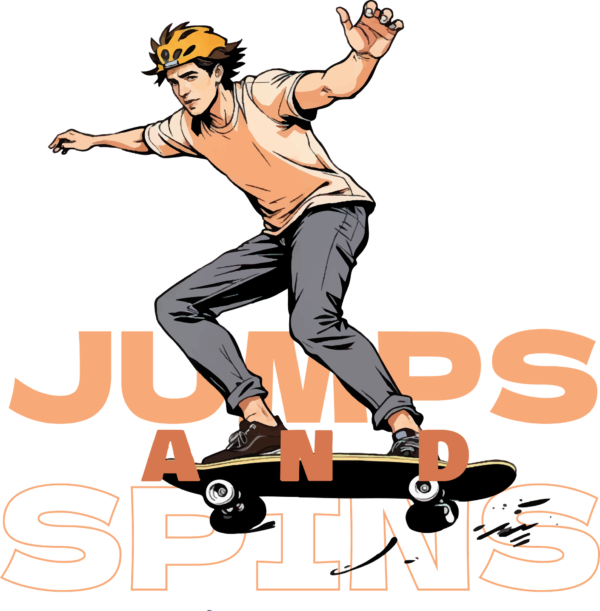 A young man with a helmet and skateboard jumping over the phrase that accompanies him design