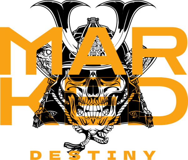 An illustration of a skeleton head with a samurai hat design