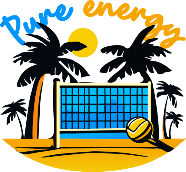 Beach ball with net and palm tree silhouette design