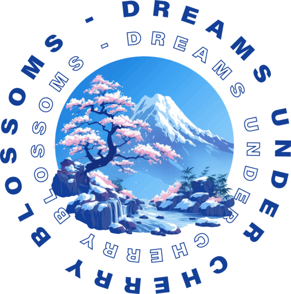 Circular illustration of a sakura tree with mount fuji in the background surrounded by a circular phrase design