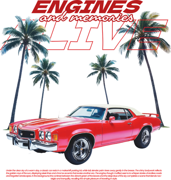 Classic car in red with palms in background and quote design