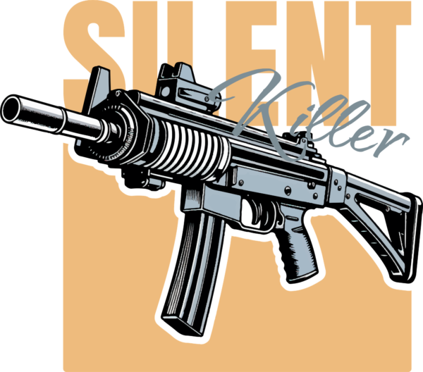 Design in yellow tones with illustration of a semi automatic rifle design