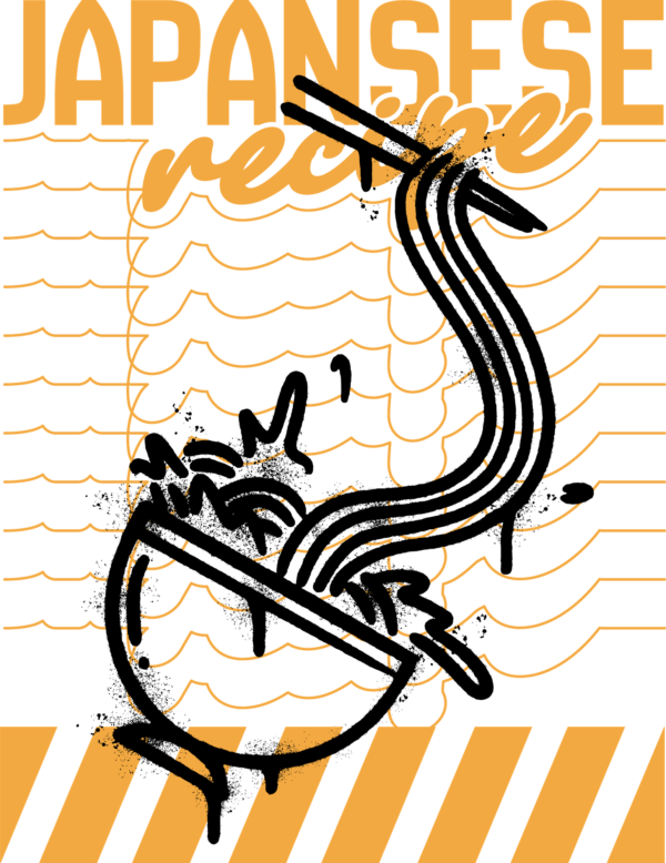 Ramen bowl with chopsticks in black line illustration style design