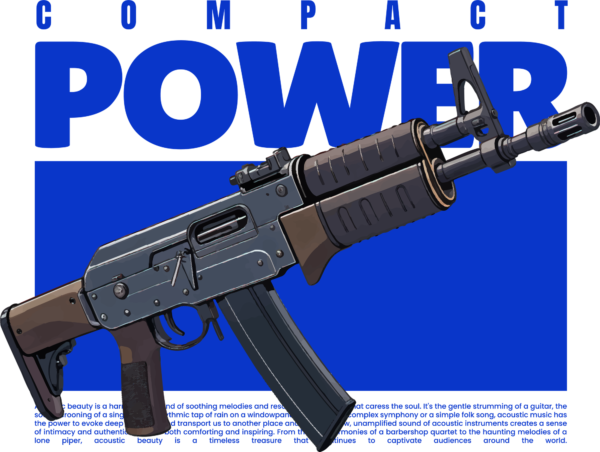 Realistic illustration of a rifle on a blue background decorated with a related phrase design