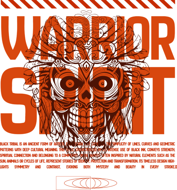 Tribal skull overlaid on phrase in orange tones design