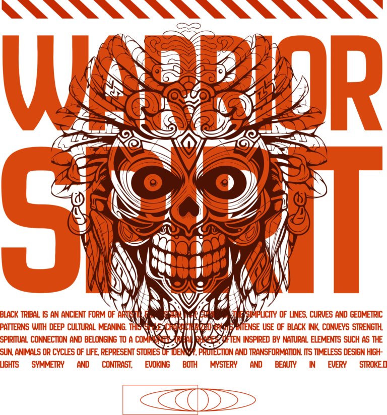 Tribal skull overlaid on phrase in orange tones design