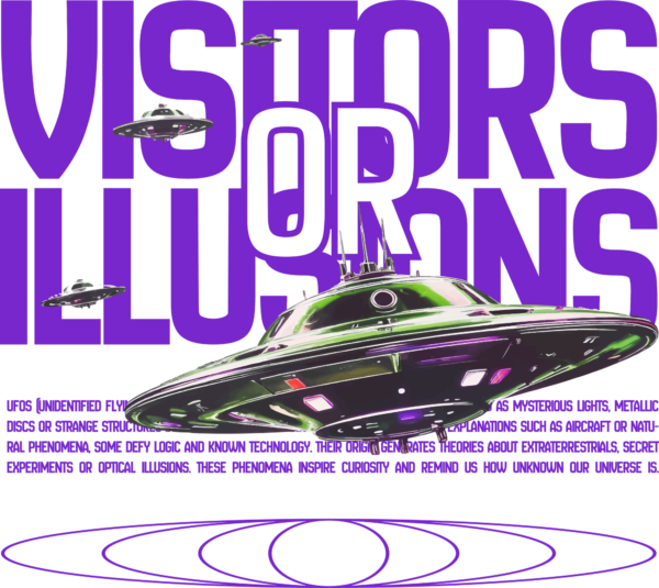 Ufos flying over a phrase in purple tones design