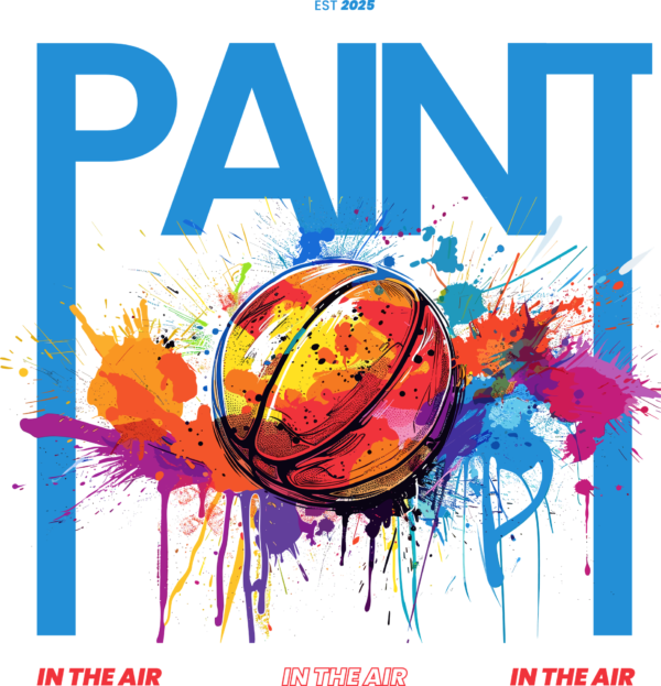 A basketball in the middle of a distorted word and a paint background design