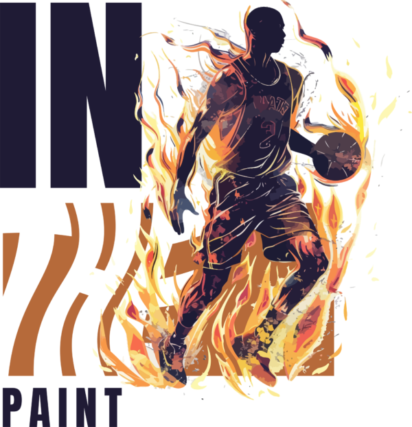 A man playing with a basketball wrapped in fire design